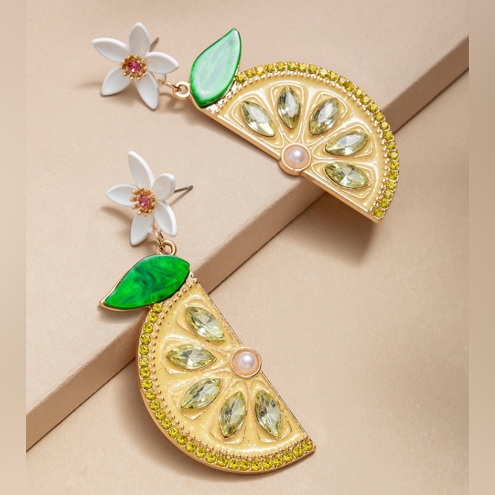 New Lemon Slice Earrings Rhinestone Pearl Accents Fashion Novelty Francesca’s